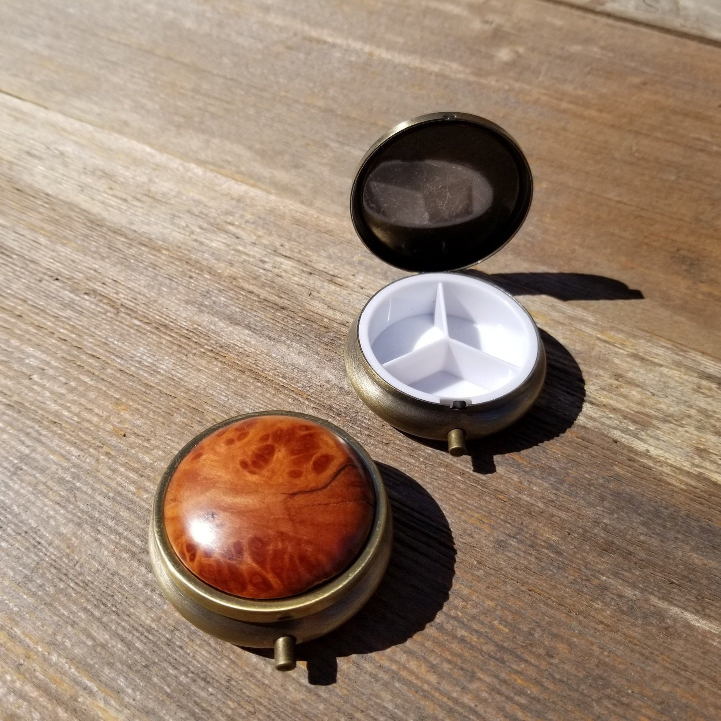 Wood Pill Box 3 Sections Handmade Top California Redwood Burl Souvenir Memento Mothers Day Gift Antique Bronze #420