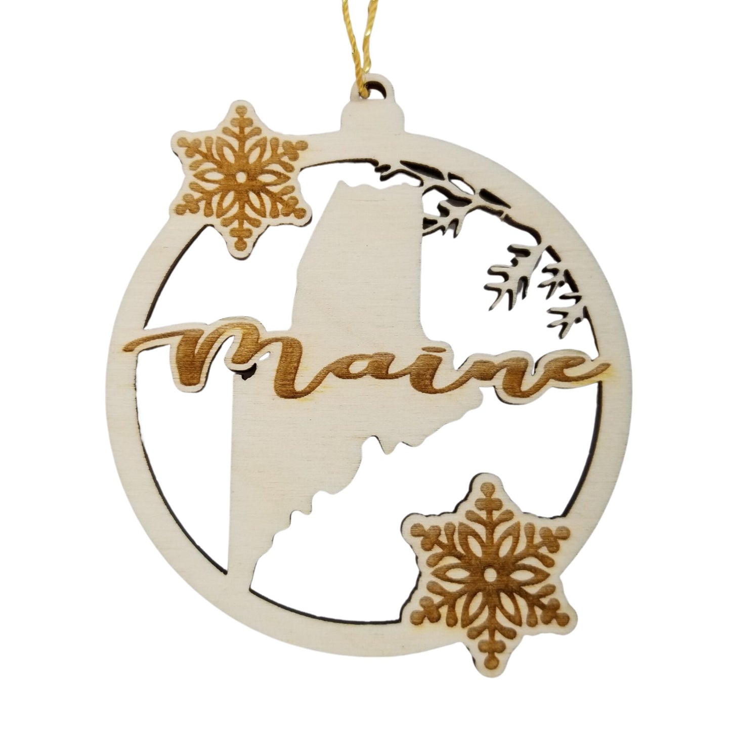 Wholesale Maine Wood Ornament -  State Shape with Snowflakes Cutout ME - Wood Souvenir