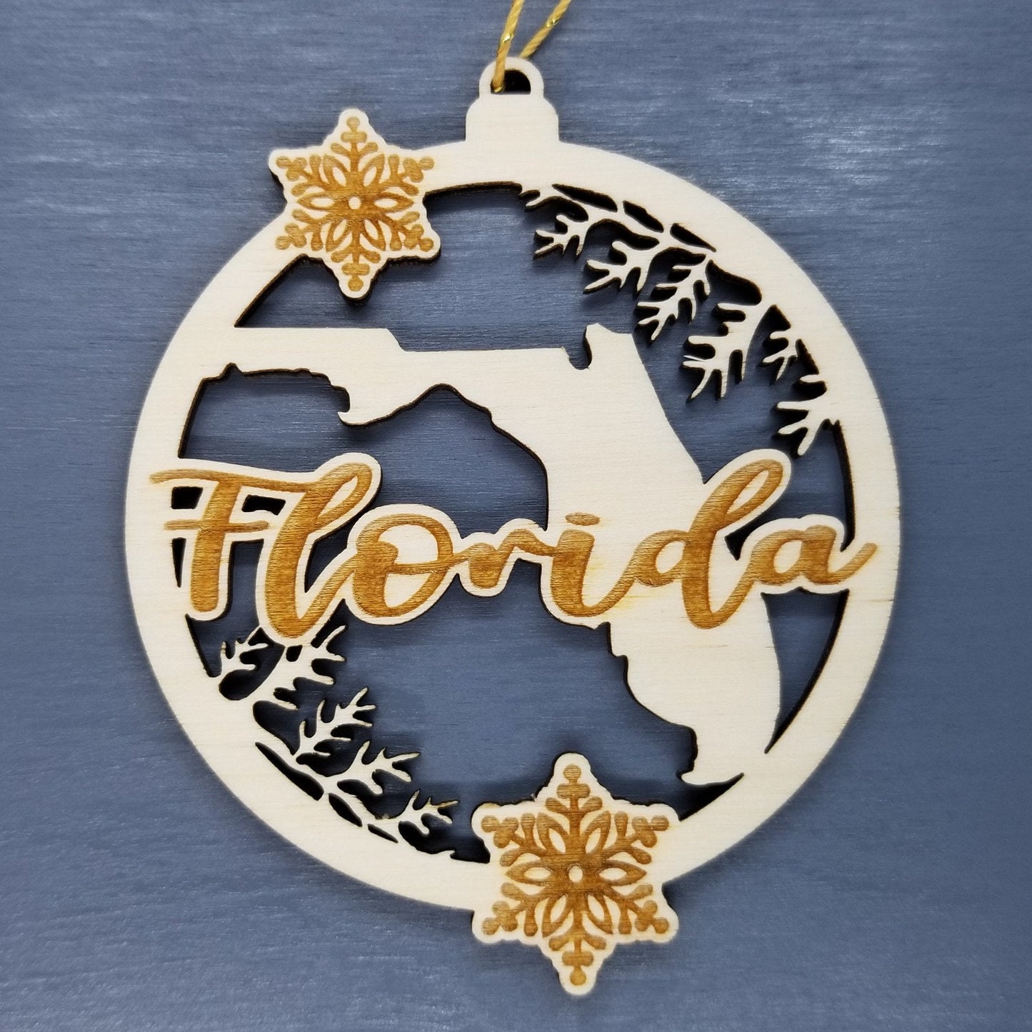 Wholesale Florida Wood Ornament -  FL State Shape with Snowflakes Cutout - Wood Souvenir