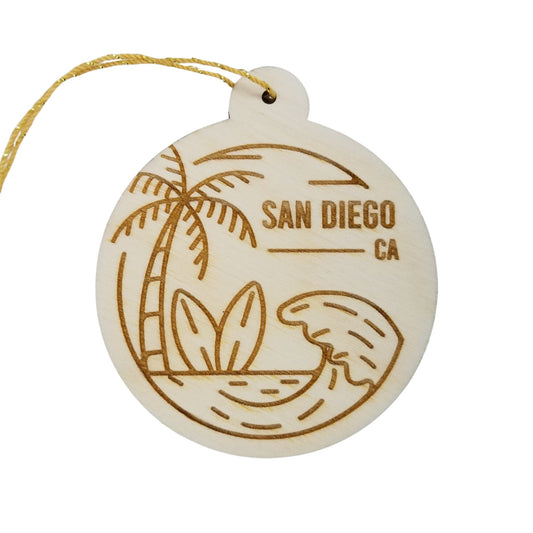 San Diego California Ornament Handmade Wood Ornament Souvenir CA Ocean Beach Waves Palm Trees Surfboards Travel Gift Made in USA