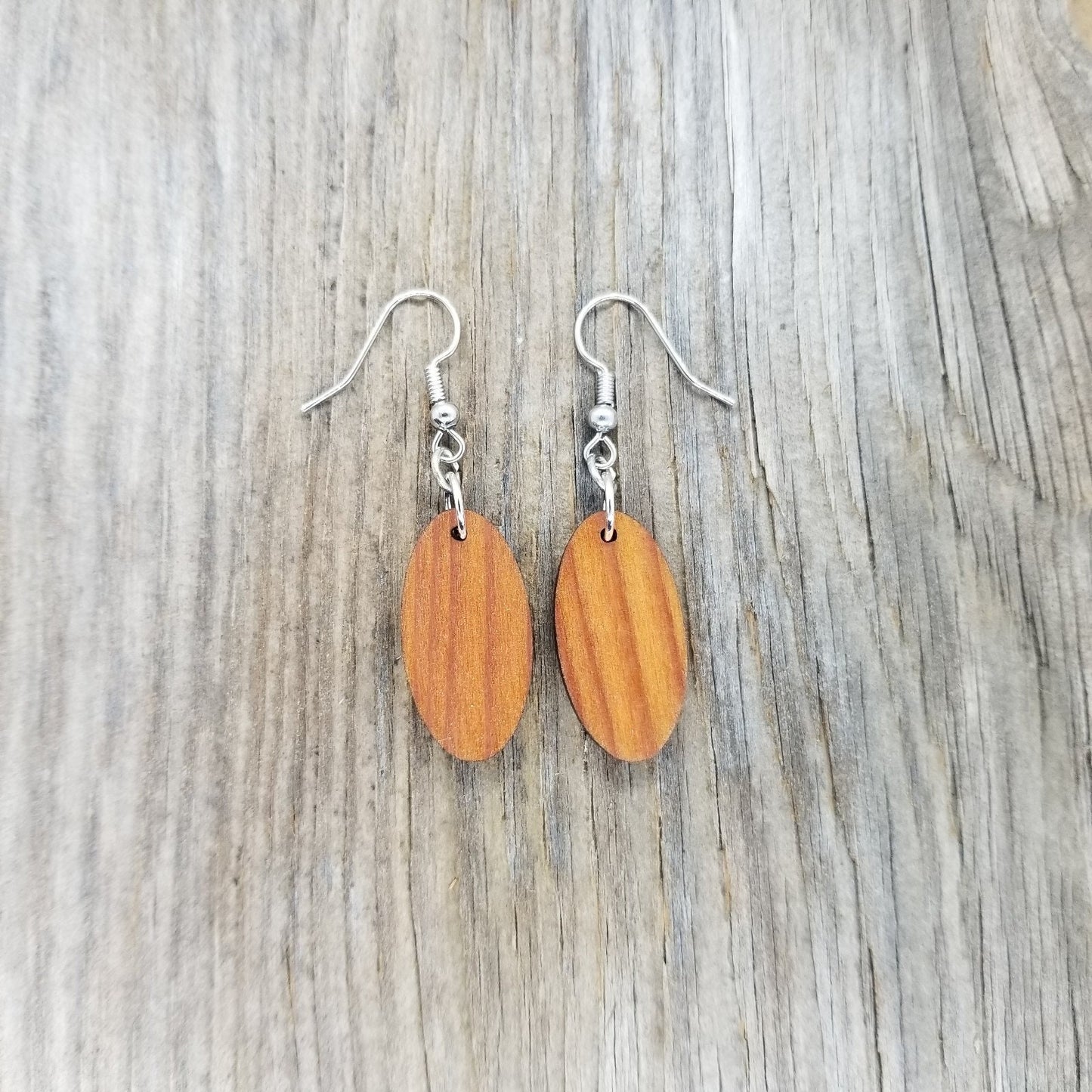 Redwood Earrings - Oval Wood Earrings - California Redwood Dangle Earrings - CA Souvenir Keepsake - Wood Gift Women Surfboard Look