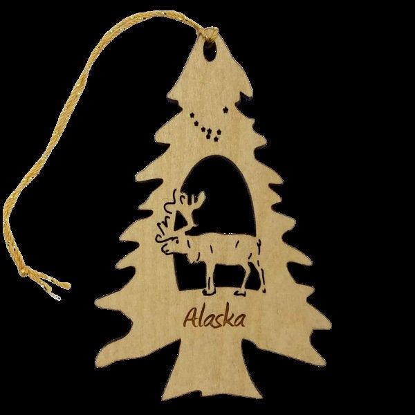 Alaska Christmas Ornament Tree Shape Caribou Wood Made in USA Reindeer