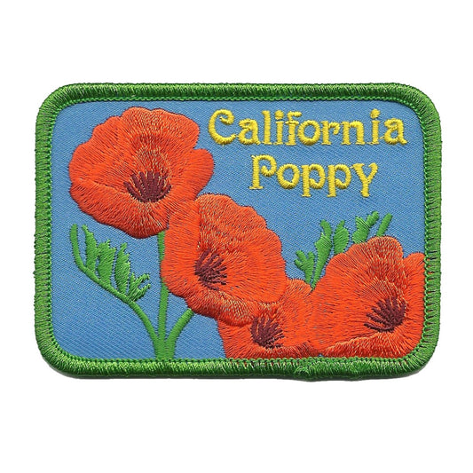 California Poppy Patch State Flower Embroidered Souvenir Rectangle 3.5" Iron On Badge Emblem Applique