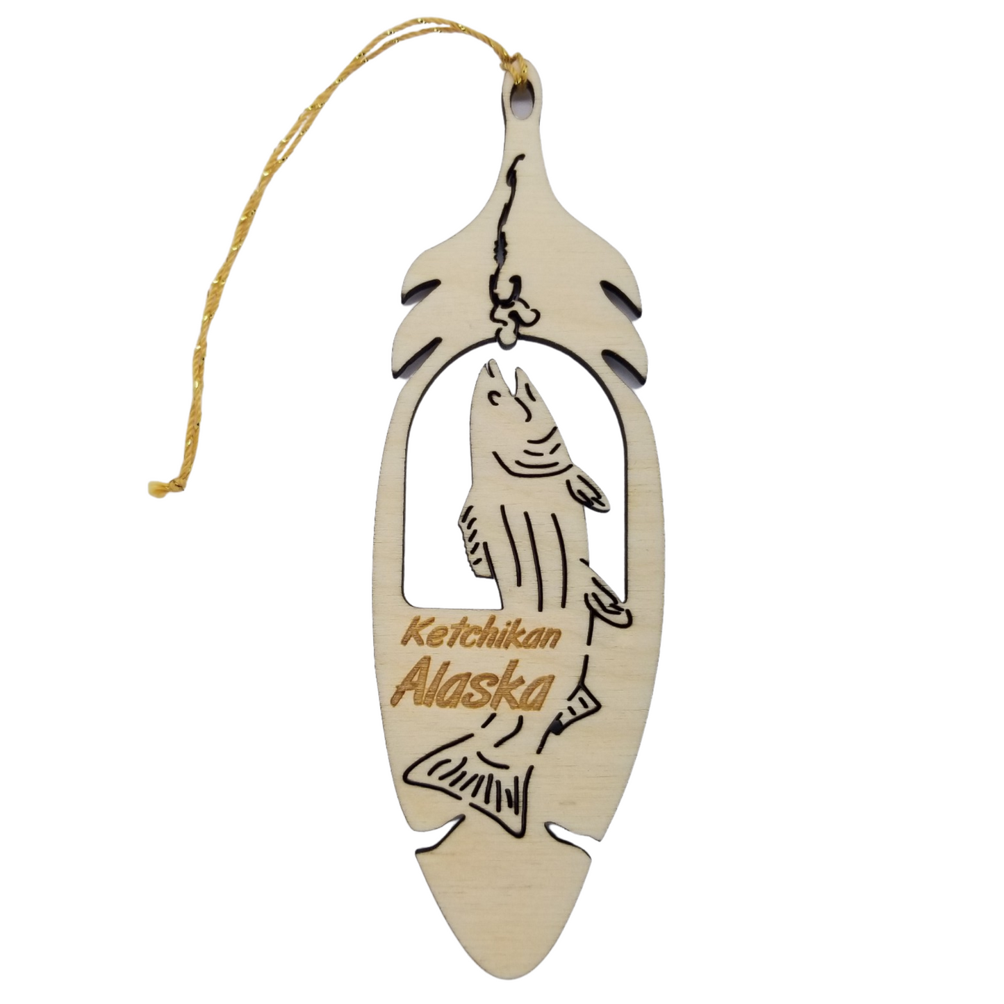 Ketchikan Alaska Fish Christmas Ornament Wood Laser Cut Handmade in USA Souvenir Memento Leaf Acorn 5.375" Travel Gift AK Fishing