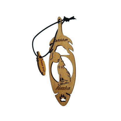 Ketchikan Alaska Wolf Christmas Ornament Wood Handmade in USA Souvenir Memento Feather 5.375" - 15055