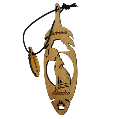 Ketchikan Alaska Wolf Christmas Ornament Wood Handmade in USA Souvenir Memento Feather 5.375" - 15055