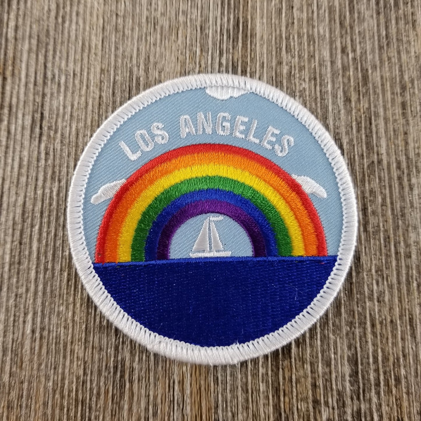 Los Angeles Patch - Rainbow and Sailboat - Iron On California Souvenir Badge Emblem