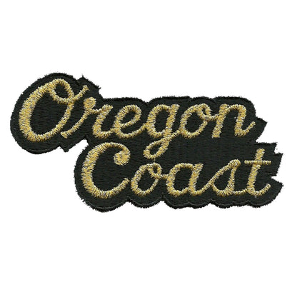 Oregon Coast Patch - Iron on Souvenir - Script Black and Gold Badge Emblem