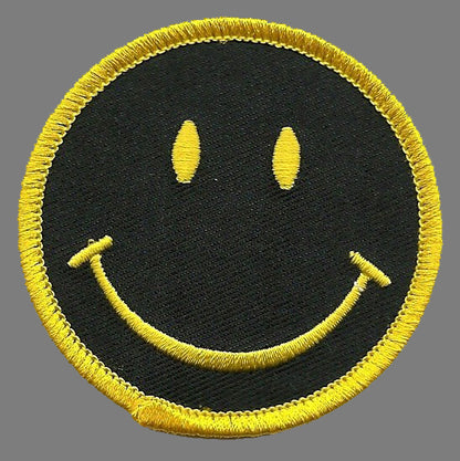 Smile Face Iron On Patch - Smile Yellow on Black Badge Emblem Applique Accessory