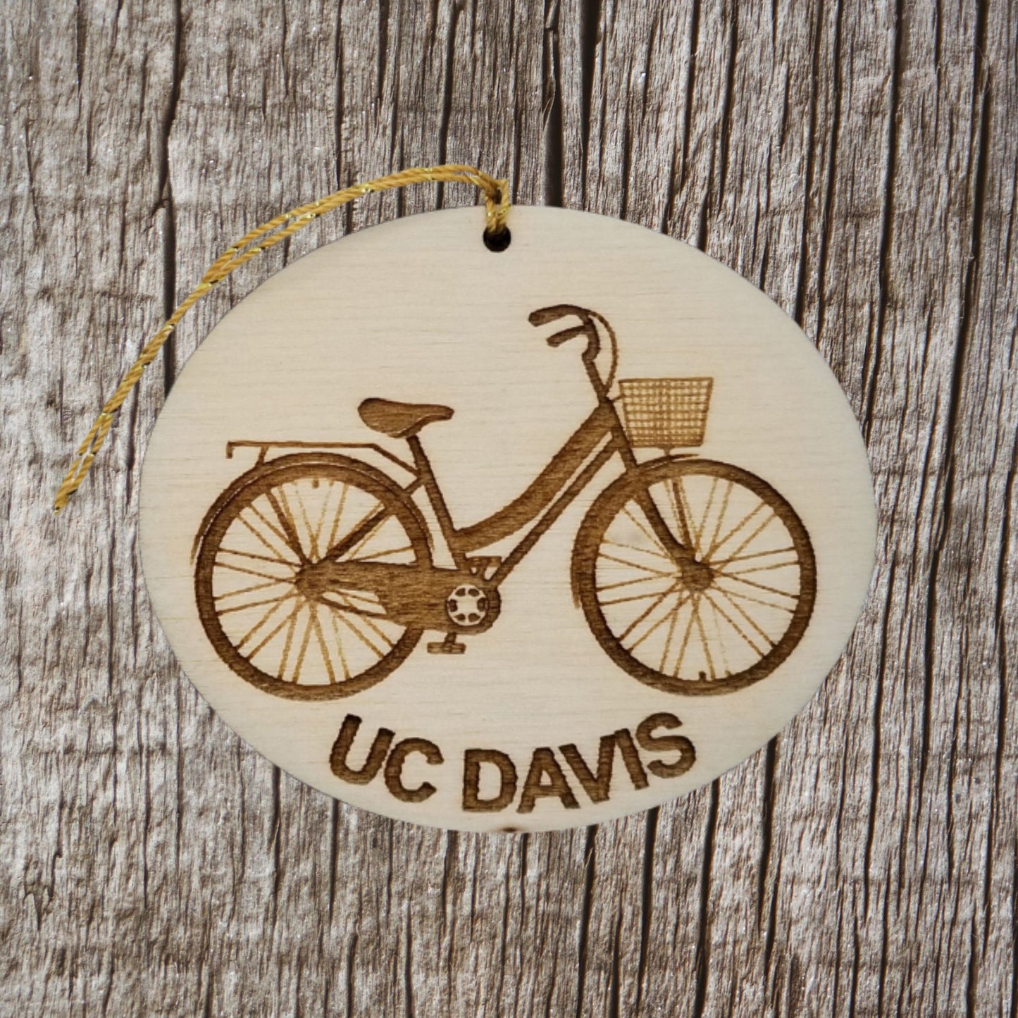 UC Davis Wood Ornament - Womens Bicycle with Basket and Bike Rack