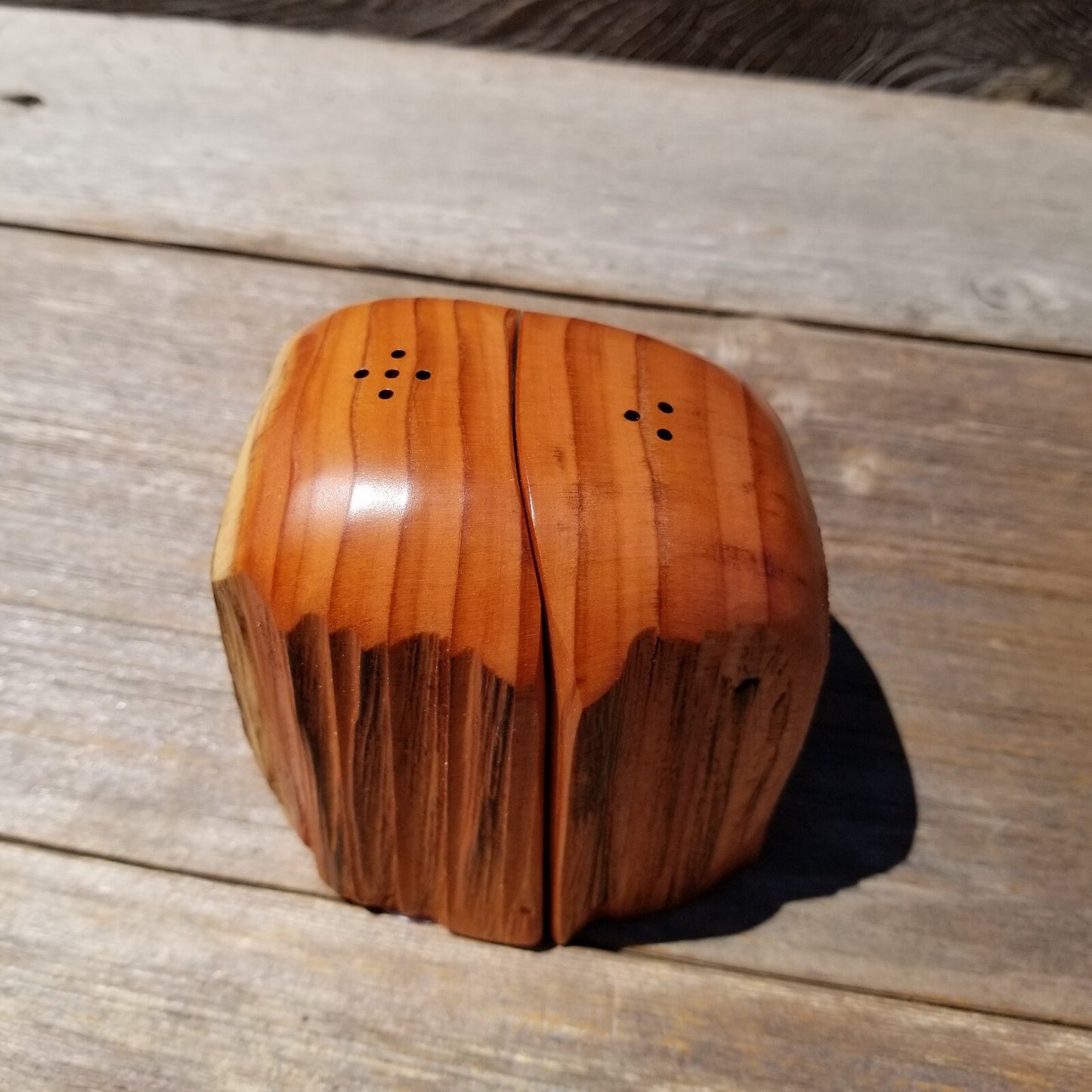 Rustic Wood Salt and Pepper Shakers Set 2 Tone Handmade #479 California Redwood Souvenir Housewarming Gift