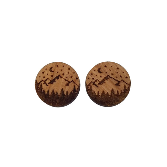 Mountains Trees Earrings - Cherry Wood Earrings - Stud Earrings - Post Earrings - Night Sky Celestial Stars Moon Outdoor Adventure