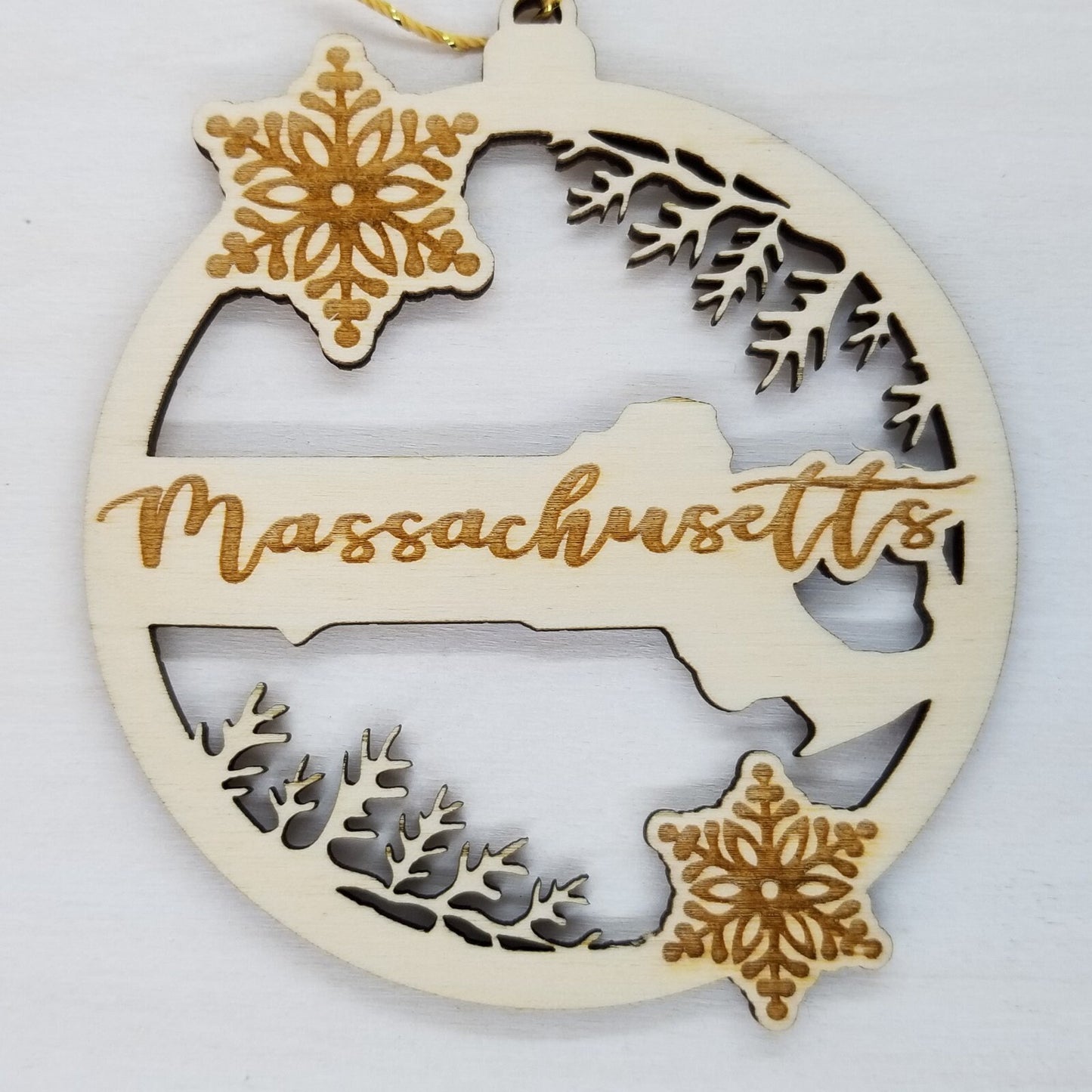 Wholesale Massachusetts Wood Ornament -  State Shape with Snowflakes MA Cutout - Wood Souvenir