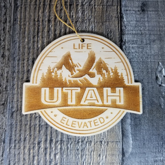 Wholesale Utah Wood Ornament -  UT Life Elevated - Eagle Flying Mountains and Trees Souvenir