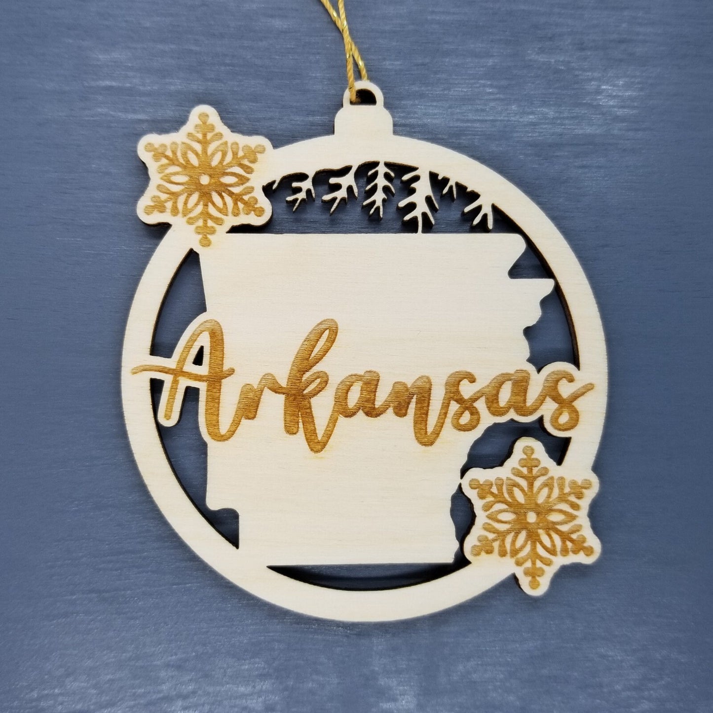 Arkansas Ornament - State Shape with Snowflakes Cutout AR - Handmade Wood Ornament Made in USA Christmas Decor