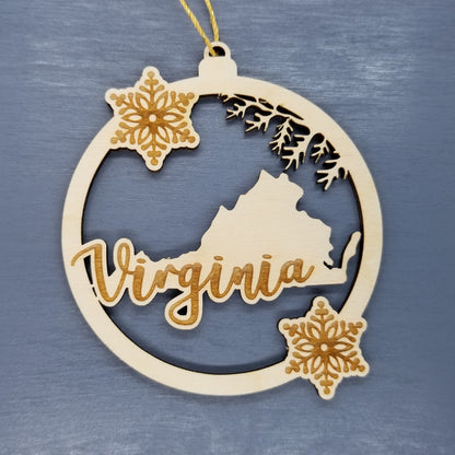 Virginia Wood Ornament -  VA State Shape with Snowflakes Cutout - 15388