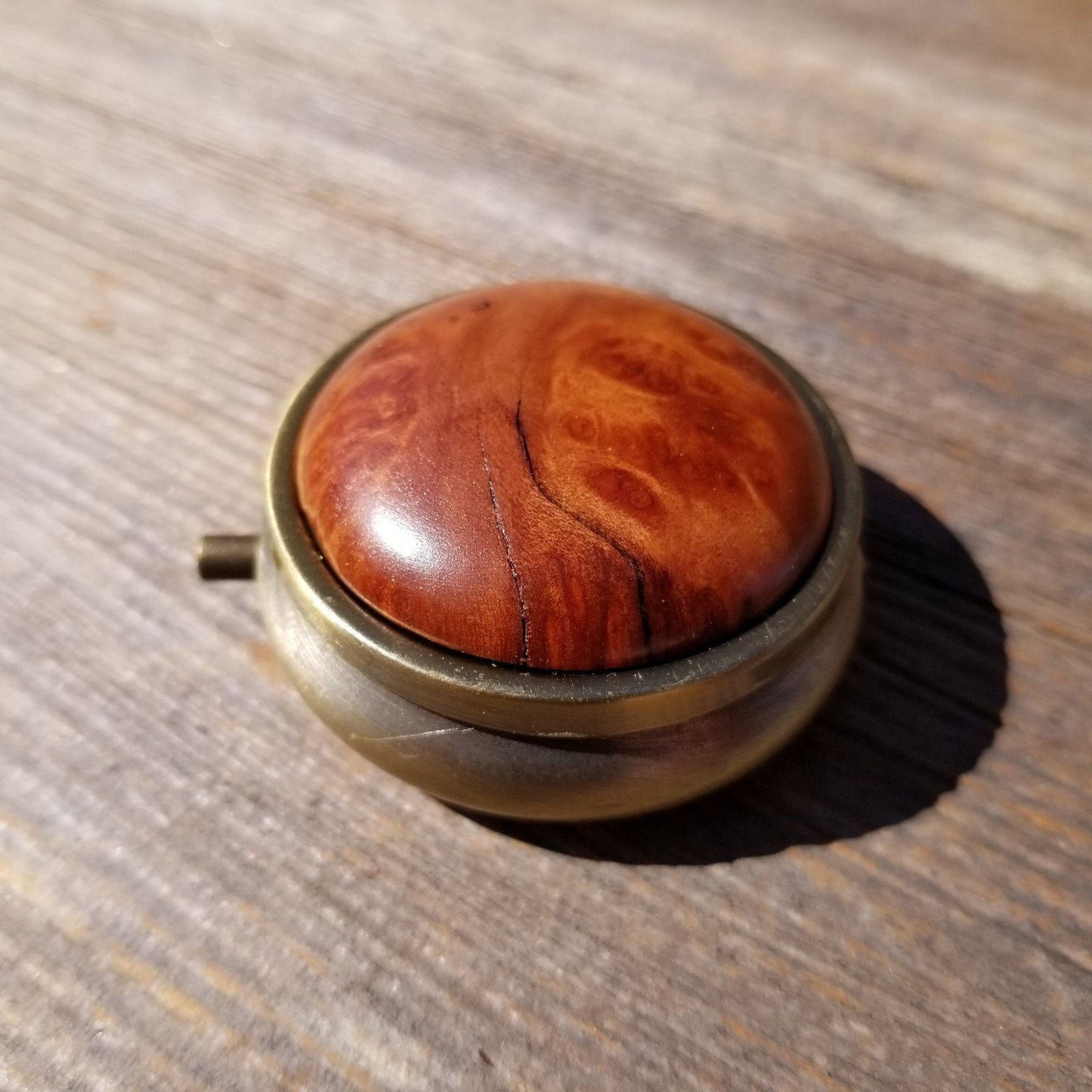 Wood Pill Box 3 Sections Handmade Top California Redwood Burl Souvenir Memento Mothers Day Gift Antique Bronze #420