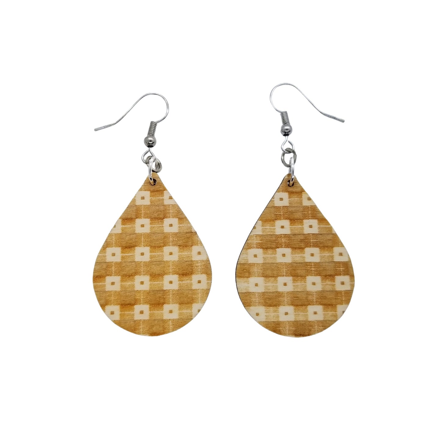 Wood Earrings - Plaid and Dots Pattern Engraved Teardrop Wood Earrings - Dangle Earrings - Gift
