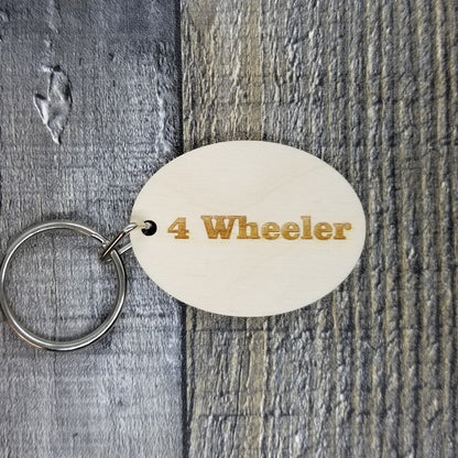 4 Wheeler Wood Keychain Key Ring Keychain Gift - Key Chain Key Tag Key Ring Key Fob - 4 Wheeler Text Key Marker