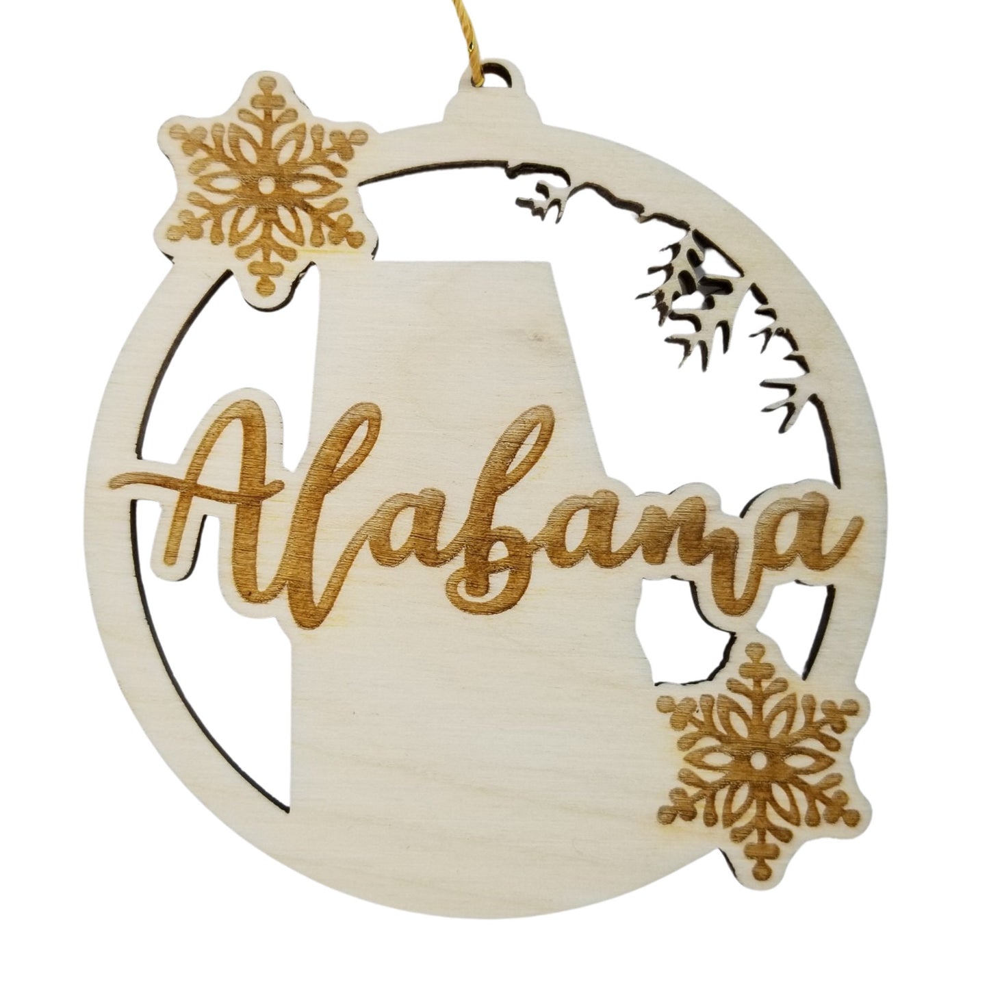 Alabama Wood Ornament -  AL State Shape with Snowflakes Cutout - Handmade Wood Ornament Made in USA Christmas Decor