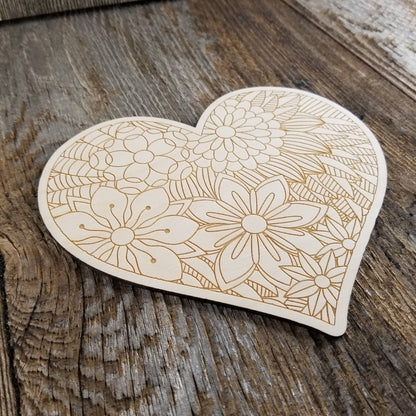 Color Your Own Wood Art ONLY DIY - Wood Trivet - Coloring Project - Craft Supply - Adult Craft Project - Floral Relaxation Gift Heart #2