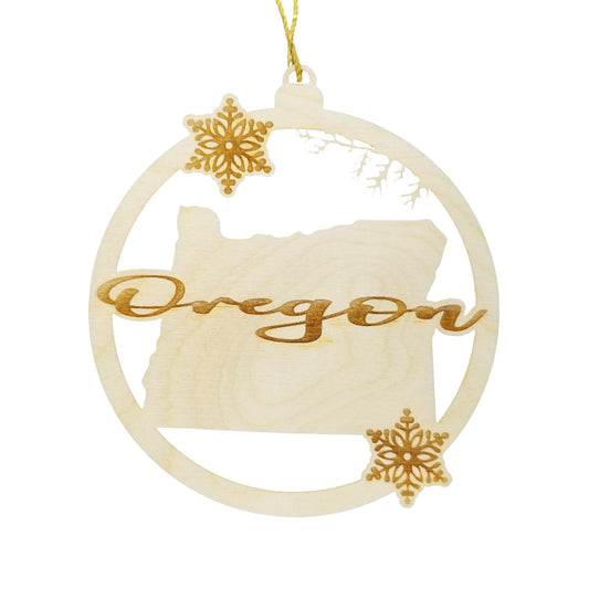 Oregon Wood Ornament -  State Shape with Snowflakes Cutout OR - Handmade Wood Ornament Made in USA Christmas Decor