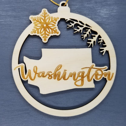 Wholesale Washington Wood Ornament -  WA State Shape with Snowflakes Cutout Souvenir