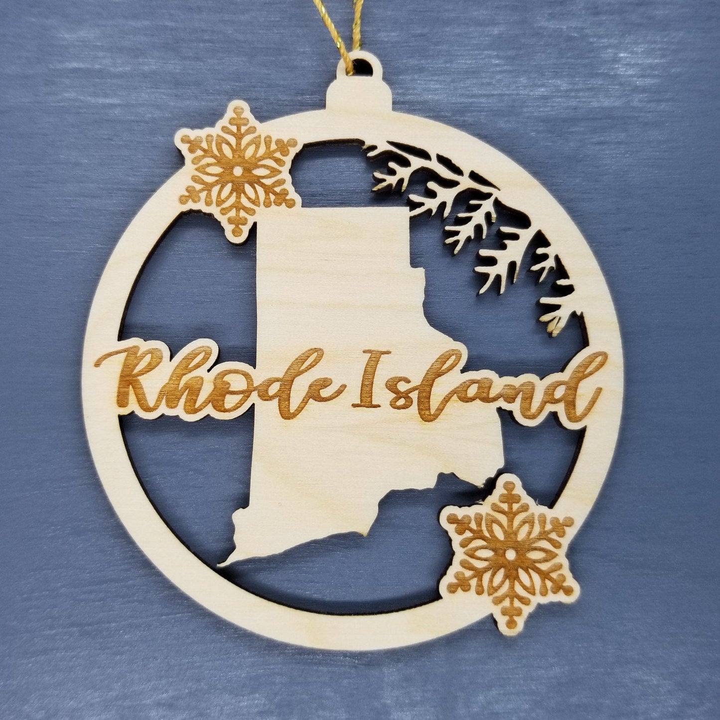 Wholesale Rhode Island Wood Ornament -  State Shape with Snowflakes Cutout RI - Wood Souvenir