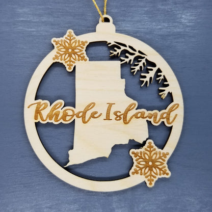 Wholesale Rhode Island Wood Ornament -  State Shape with Snowflakes Cutout RI - Wood Souvenir