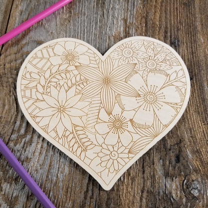 Color Your Own Wood Art ONLY DIY - Wood Trivet - Coloring Project - Craft Supply - Adult Craft Project - Floral Relaxation Gift Heart #1