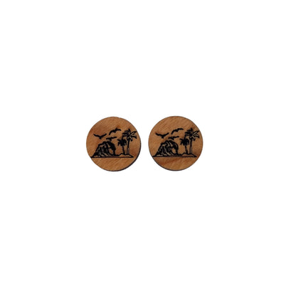 Beach Scene Earrings - Cherry Wood Earrings - Stud Earrings - Post Earrings Coastal Ocean Waves Palm Trees Birds