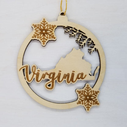 Virginia Wood Ornament -  VA State Shape with Snowflakes Cutout - 15388