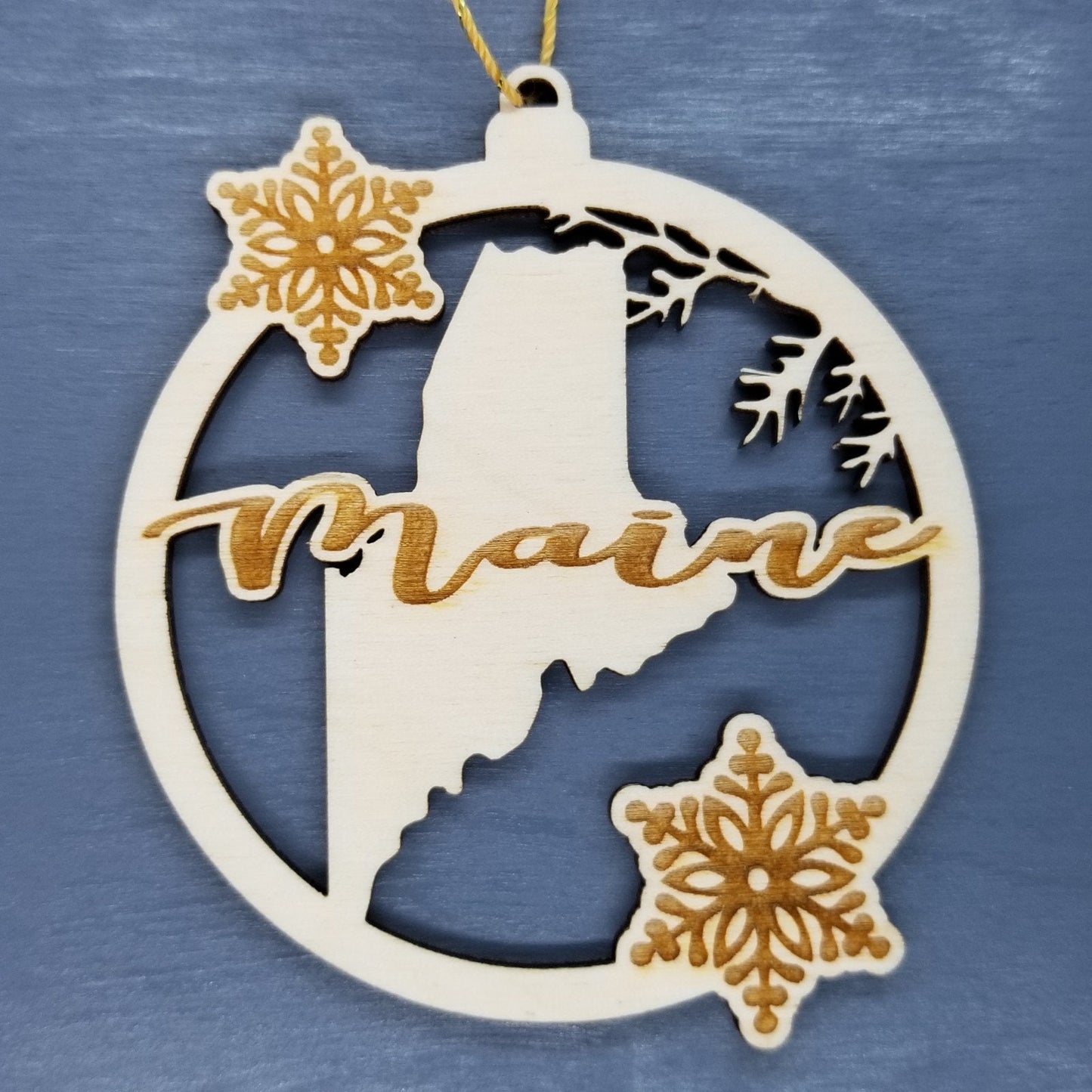 Wholesale Maine Wood Ornament -  State Shape with Snowflakes Cutout ME - Wood Souvenir