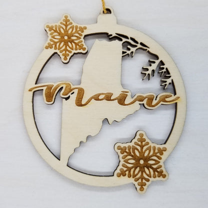 Wholesale Maine Wood Ornament -  State Shape with Snowflakes Cutout ME - Wood Souvenir