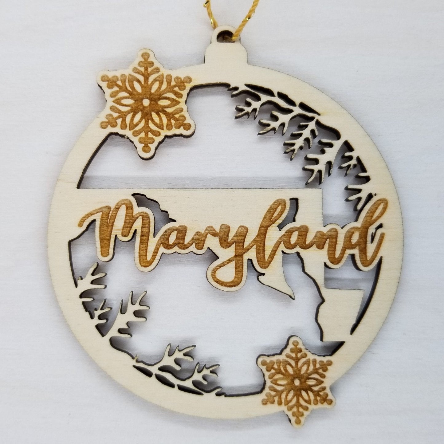 Wholesale Maryland Wood Ornament -  State Shape with Snowflakes Cutout MD - Wood Souvenir