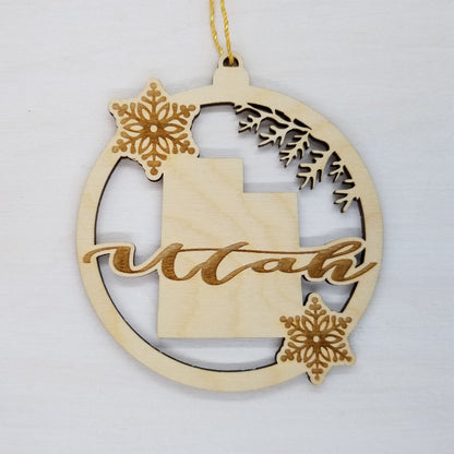 Wholesale Utah Wood Ornament -  State Shape with Snowflakes UT Cutout - Wood Souvenir