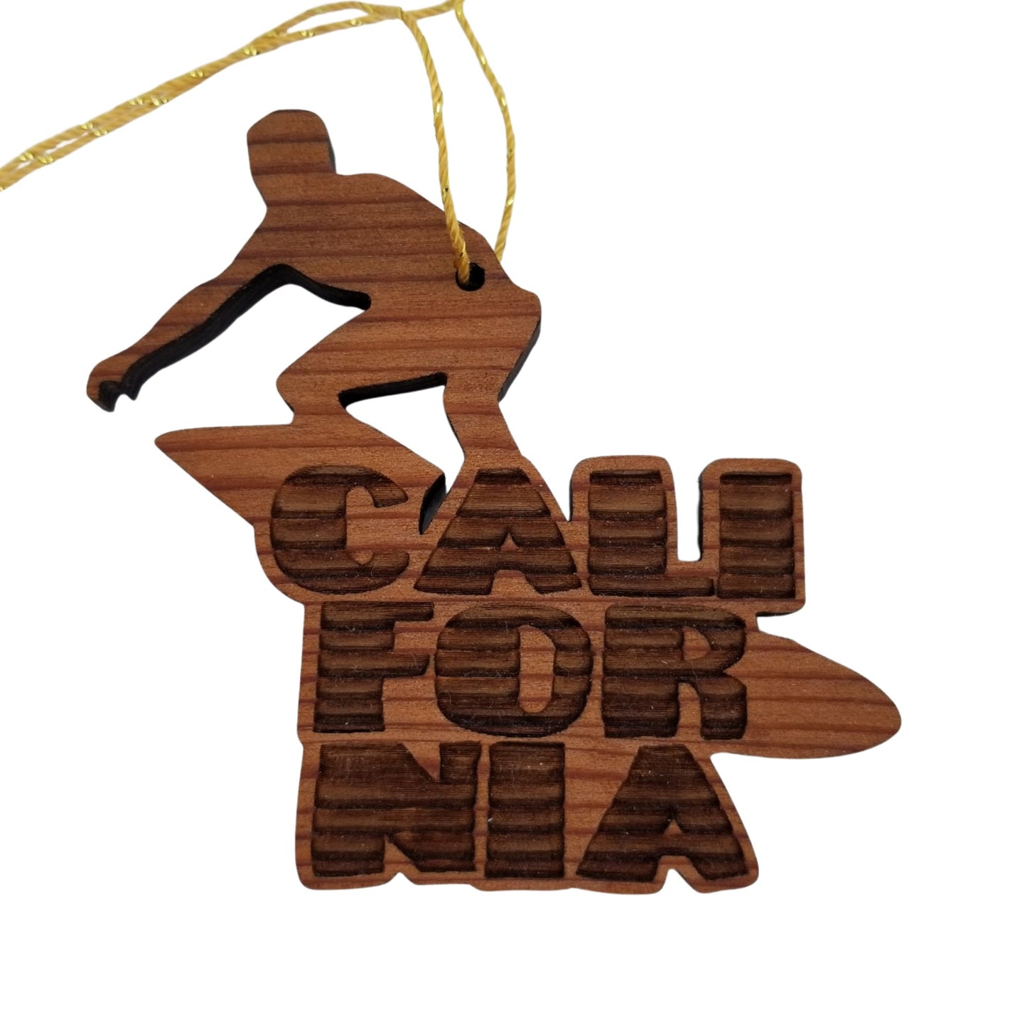 California Surfer Surfing Christmas Ornament Handmade Wood Ornament Made in USA Laser Cut Cutout Shape CA Surfboard Souvenir