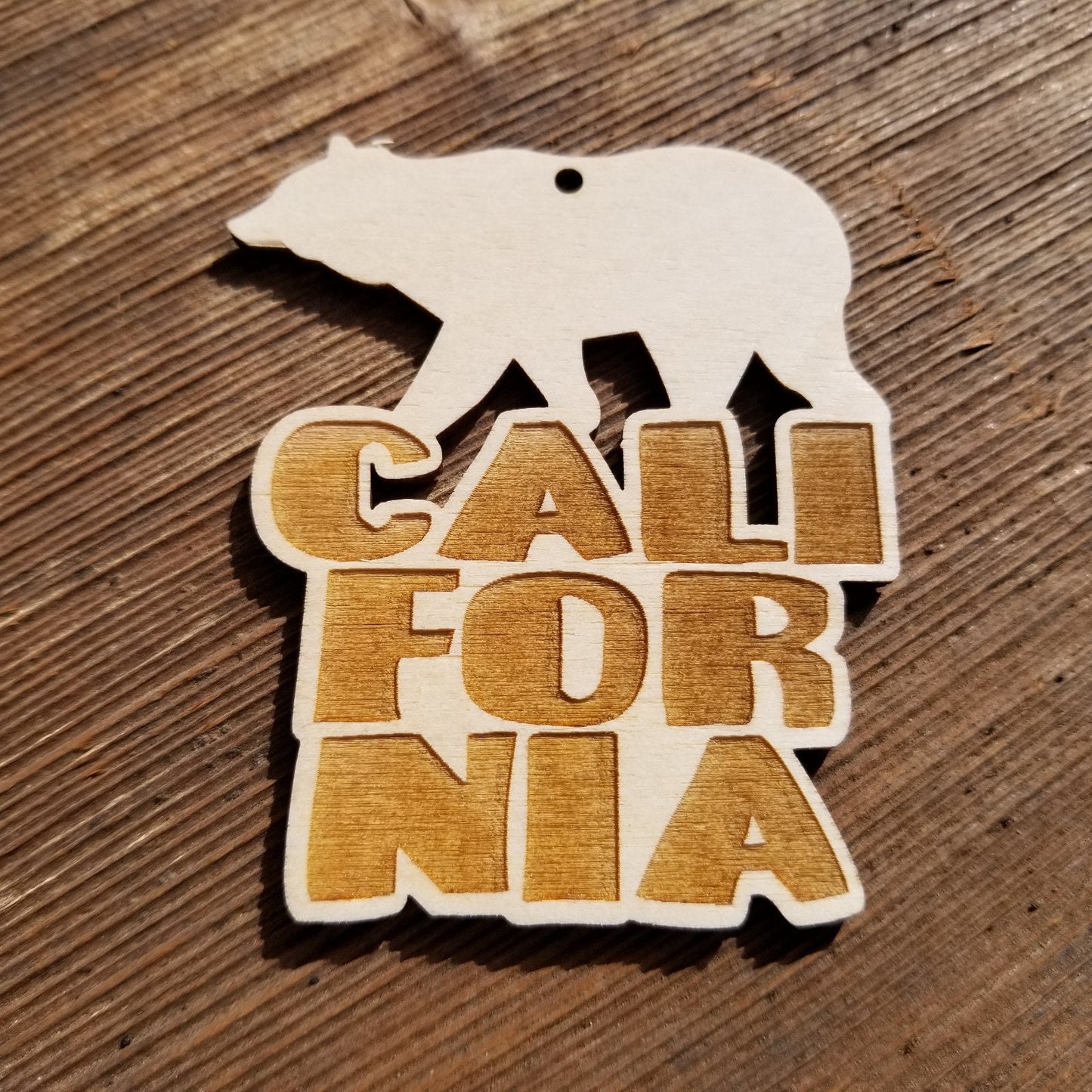 California Bear Christmas Ornament Bubble Spellout Letters Handmade Wood Ornament Made in USA Laser Cut Cutout Shape CA Souvenir