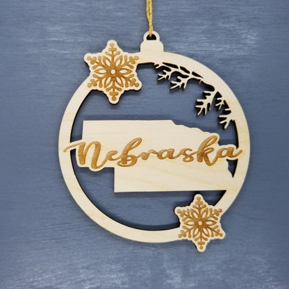 Wholesale Nebraska Wood Ornament -  State Shape with Snowflakes Cutout NE- Wood Souvenir