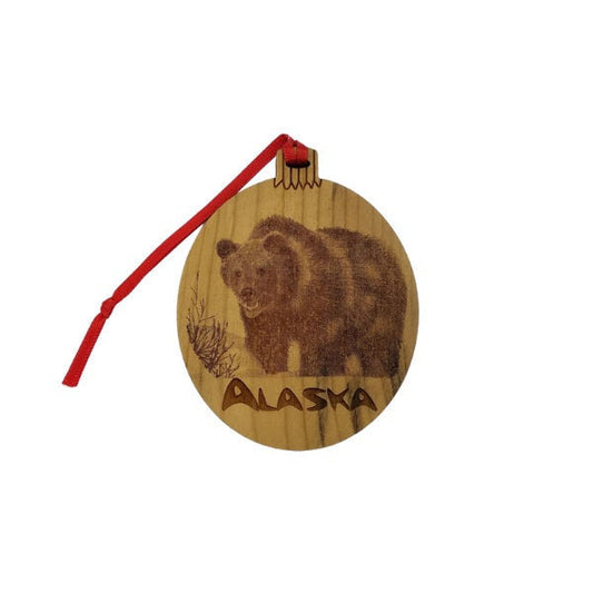 Alaska Grizzly Bear Christmas Ornament Wood Laser Cut and Engraved - Handmade in USA Souvenir