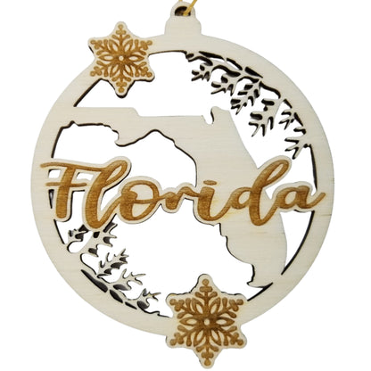 Wholesale Florida Wood Ornament -  FL State Shape with Snowflakes Cutout - Wood Souvenir