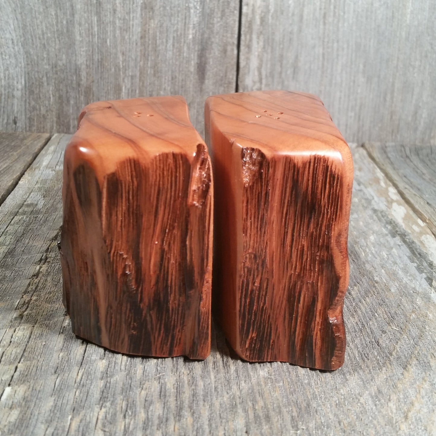 Redwood Rustic Salt and Pepper Shakers Set Handmade #M Lodge Cabin California Souvenir Man Cave Decor