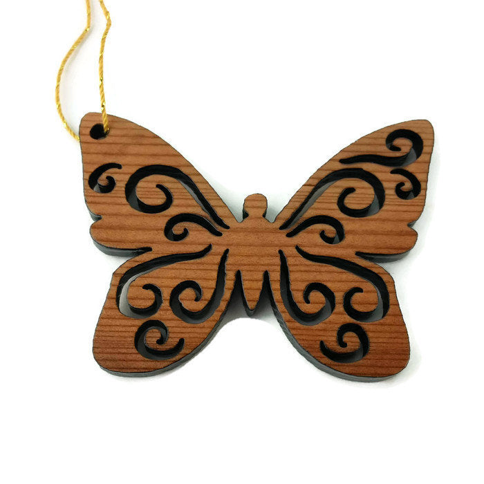 Set of 4 USA Handmade California Redwood Wood Laser Cut Christmas Ornament Snowman Butterfly Nativity Reindeer