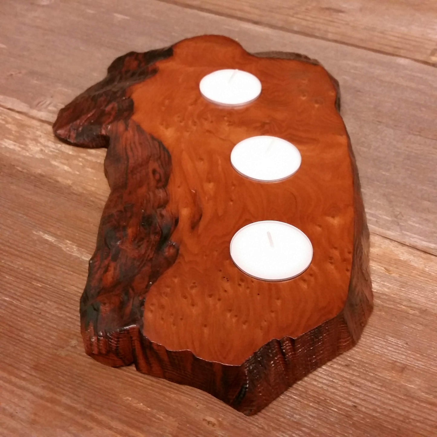 Wood Candle Holder 3 Tealight Redwood Rustic Home Decor #1