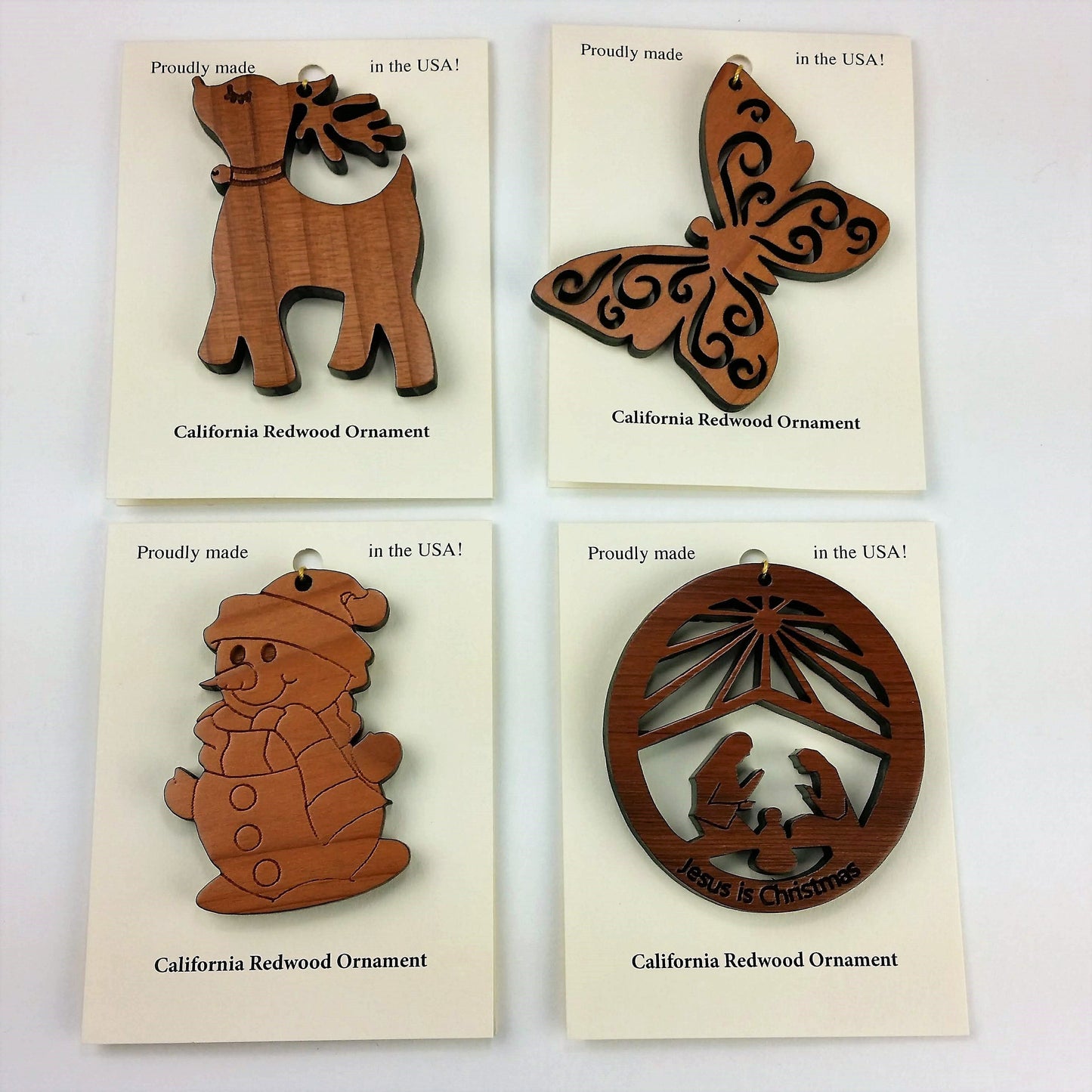 Set of 4 USA Handmade California Redwood Wood Laser Cut Christmas Ornament Snowman Butterfly Nativity Reindeer