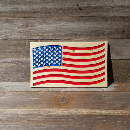 American Flag Carved Wood Sign Handmade USA Patriotism Rustic Knotty Pine Red White Blue