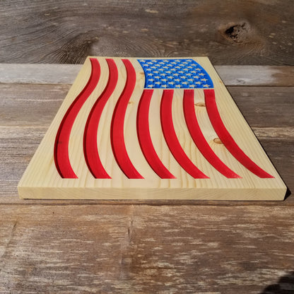 American Flag Carved Wood Sign Handmade USA Patriotism Rustic Knotty Pine Red White Blue