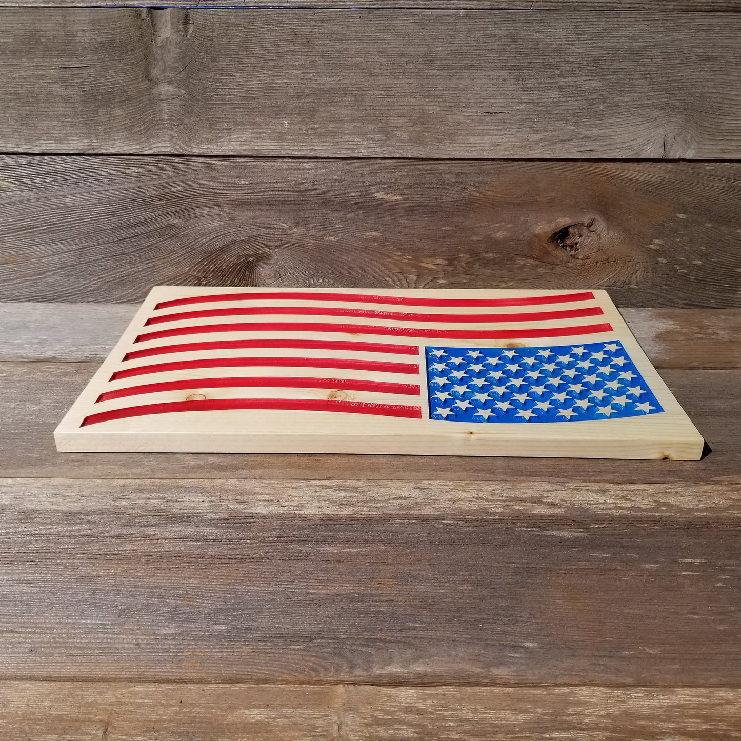 American Flag Carved Wood Sign Handmade USA Patriotism Rustic Knotty Pine Red White Blue