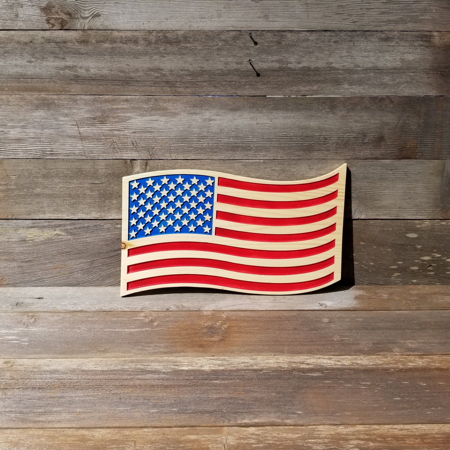 Wavy American Flag Carved Wood Sign USA Patriotism