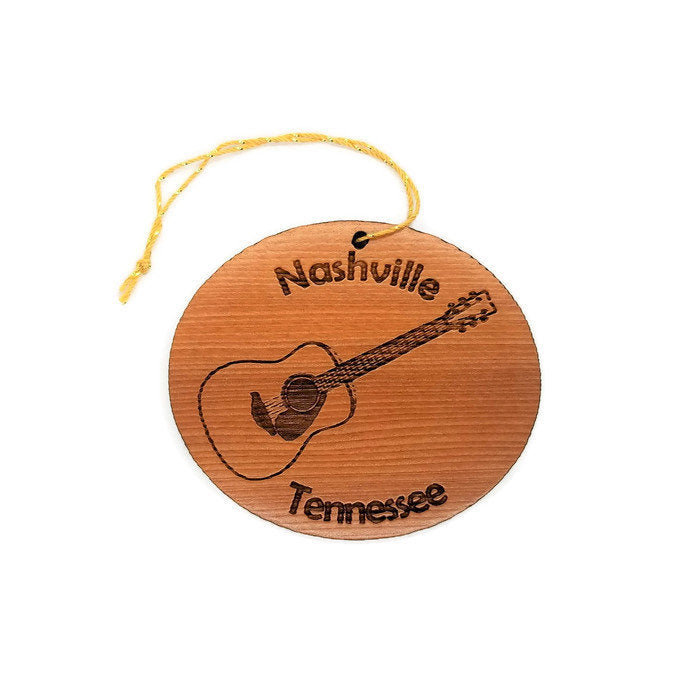 Nashville Tennessee Guitar Christmas Ornament Handmade Wood Ornament Made in USA California Redwood Laser Cut